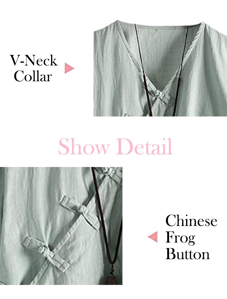 Minibee Women's Linen Retro Chinese Frog Button Tops Blouse Green XL - Image 2